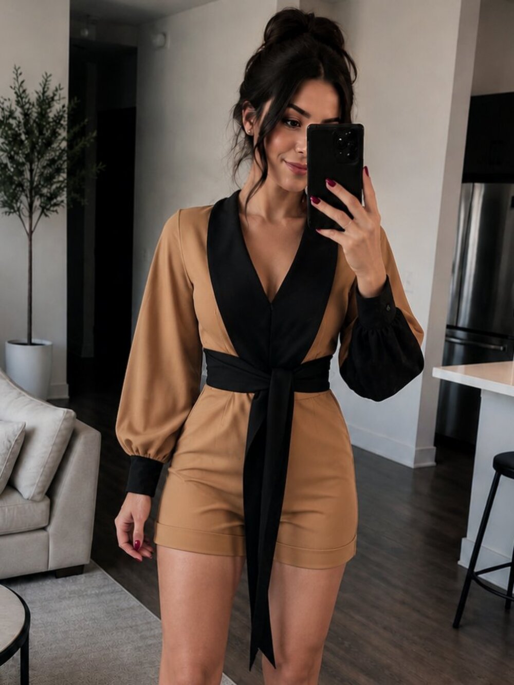Color Block Wrap Romper with Cutout Sleeve